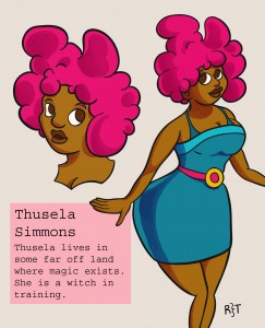A girl with poofy pink hair in a blue tube dress. Text reads: Thusela Simmons: "Thusela lives in some far off land where magic exists. She is a witch in training."