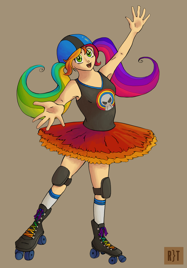 A girl with rainbow pigtails. She is wearing roller derby gear-knee pads, roller skates, and a helmet with a stripe on it, signifying she is a Pivot. She is also wearing a tutu.