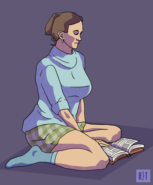 A woman sitting and reading a comic book. She is wearing a cowl-neck sweater and boxers.
