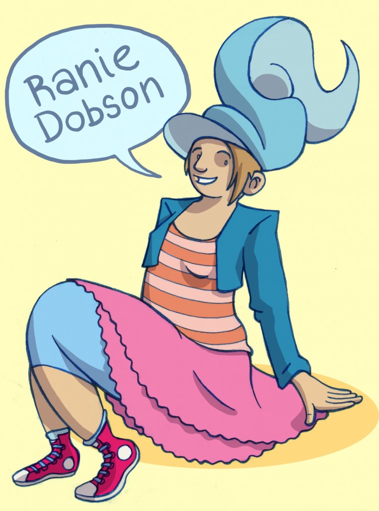 A woman sitting on the ground. She has a large spiral hat on, and slightly mismatched clothing.