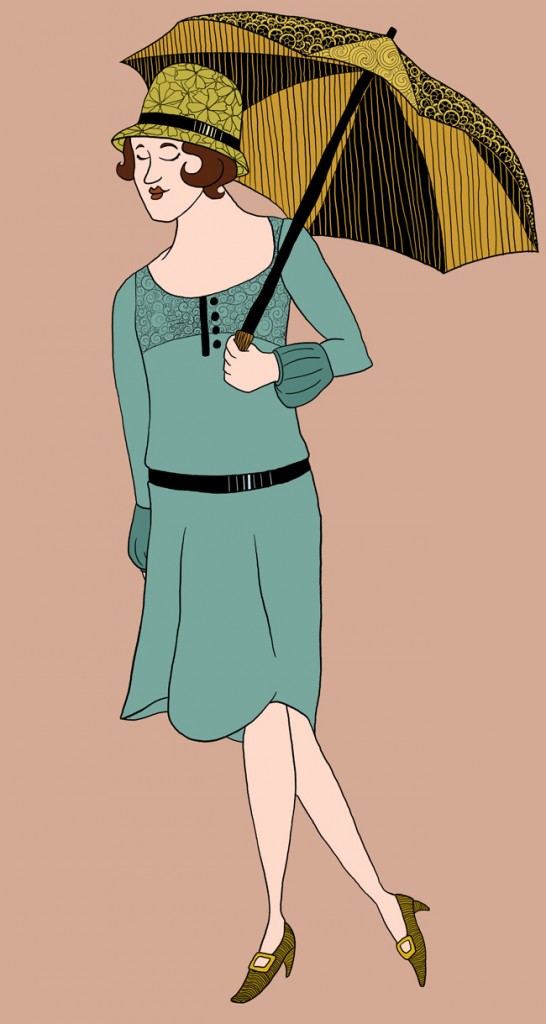 A woman wearing a hat with a flower pattern, and holding a parasole. She is also wearing a dress with a low belt and puffy sleeves.